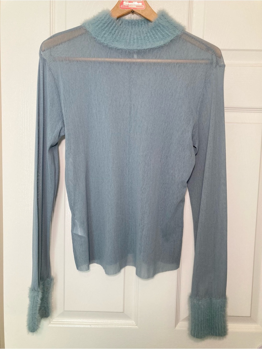 Free People Size XL Mesh Faux Fur Trim Mock Neck Top in Blue